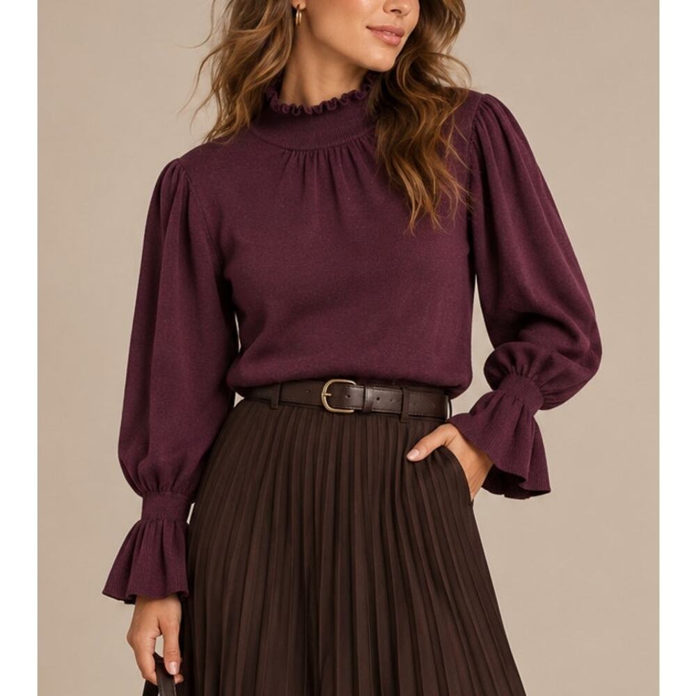 BA&SH Womens Silk Sweater Poet Sleeve M Burgundy Victorian Romantic Coquette